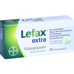 Verpackung von Lefax extra Flüssigkapseln gegen Magen-Darm-Beschwerden, 20 Weichkapseln.