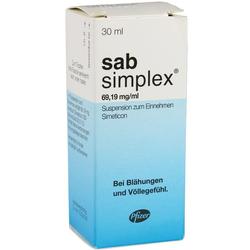Weiße und blaue Verpackung von Sab Simplex gegen Blähungen.