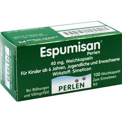 Eine Packung Espumisan-Perlen gegen Blähungen und Völlegefühl.