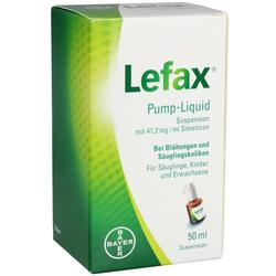 Verpackung von Lefax Pump-Liquid zur Linderung von Blähungen, 50 ml Flasche.
