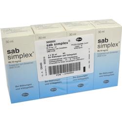 Vier Packungen Sab Simplex für Blähungen und Völlegefühl stehen nebeneinander.