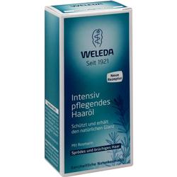 Eine blaue Schachtel Weleda Haaröl für sprödes Haar mit Rosmarin.