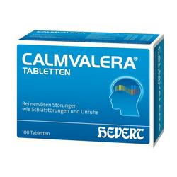 Blaue Verpackung mit Calmvalera-Tabletten gegen Unruhe und Schlafstörungen.