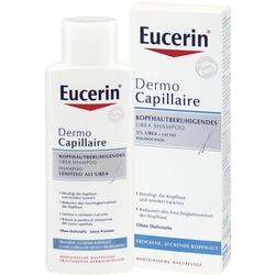 Eine Flasche und Schachtel von Eucerin Urea Shampoo gegen juckende Kopfhaut.