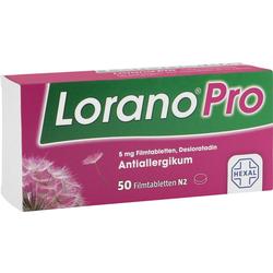 Eine Packung Lorano Pro Tabletten gegen Allergien mit 50 Filmtabletten.