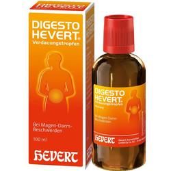 Eine braune Flasche und eine Schachtel mit Verdauungstropfen gegen Magen-Darm-Beschwerden.