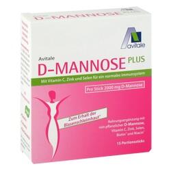 Packung von Avitale D-Mannose Plus Nahrungsergänzungsmittel mit Vitaminen und Mineralstoffen.