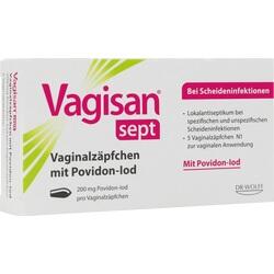 Verpackung von Vagisan Vaginalzäpfchen zur Behandlung von Scheideninfektionen.